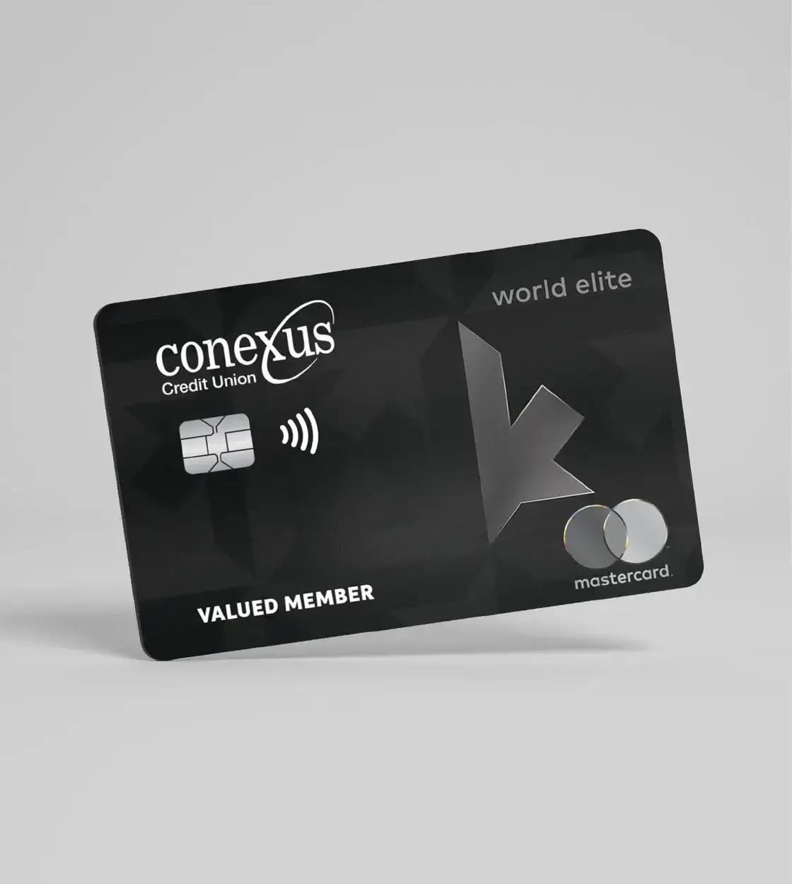 A Conexus Credit Union World Elite personal credit card in a grey background.