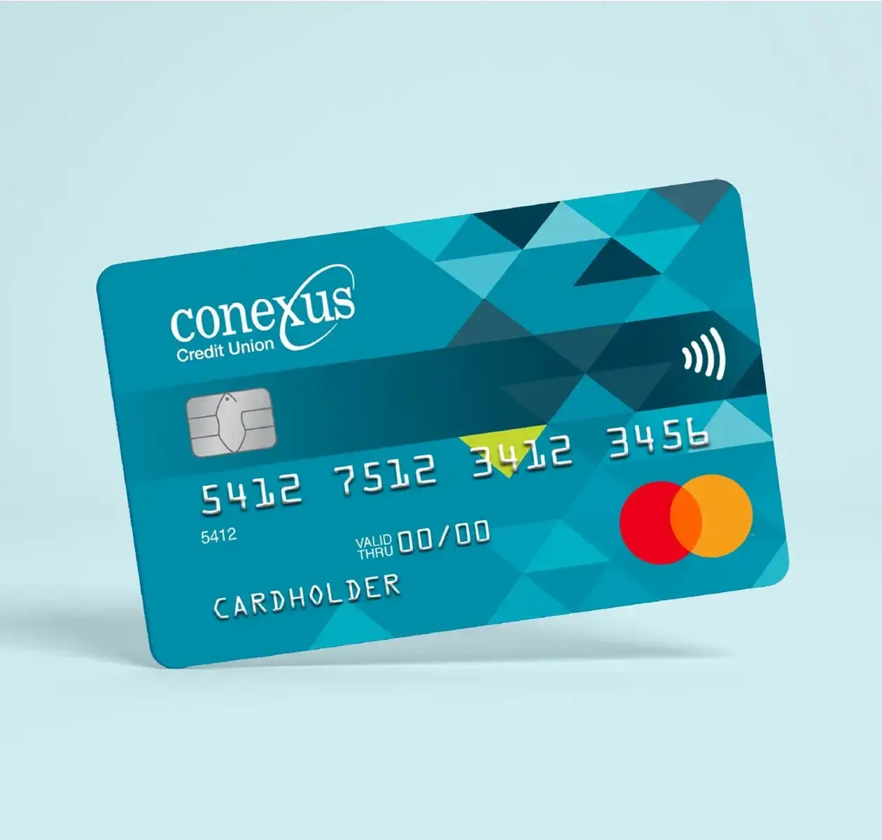 A blue Conexus Credit Union personal credit card in a white background.