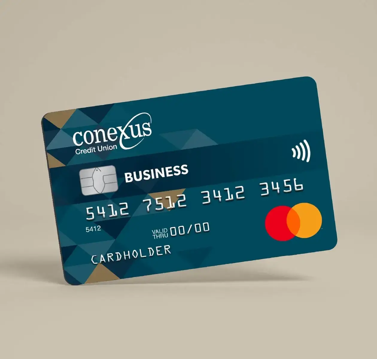A Conexus Business credit card in a green background.