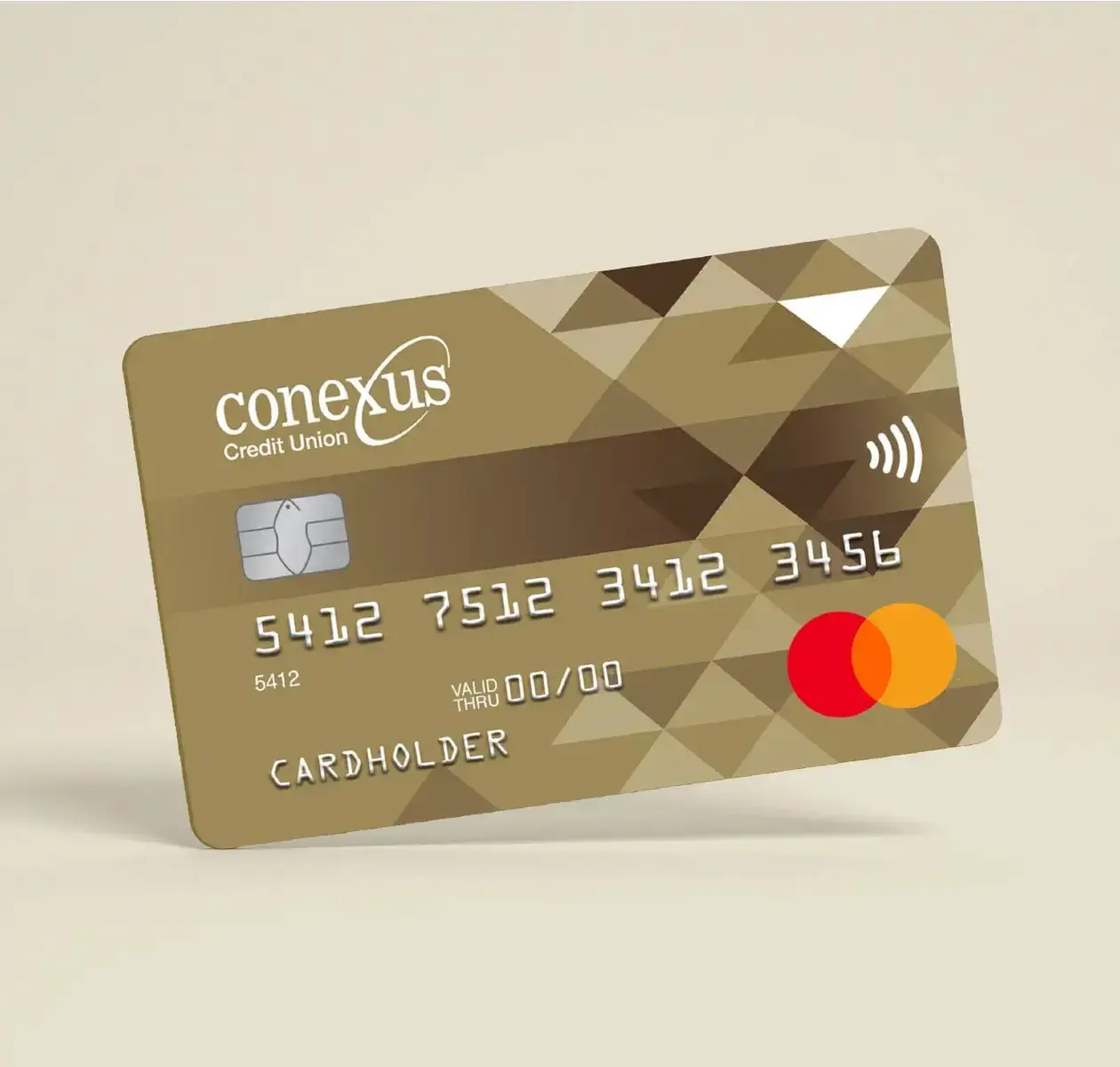 A mocha Conexus Credit Union personal credit card in a light green background.