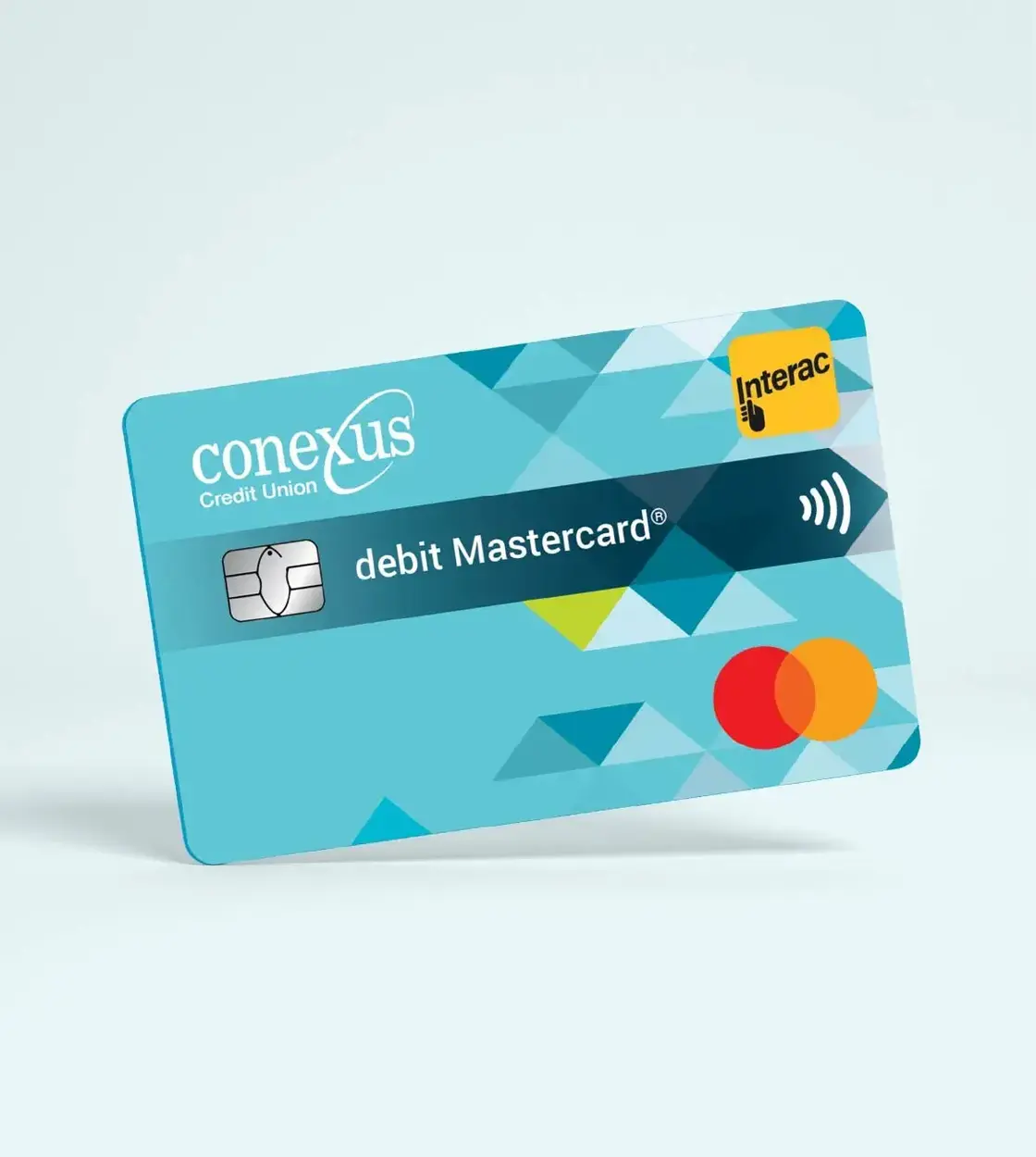 A Conexus Credit Union debit Mastercard in a white background.