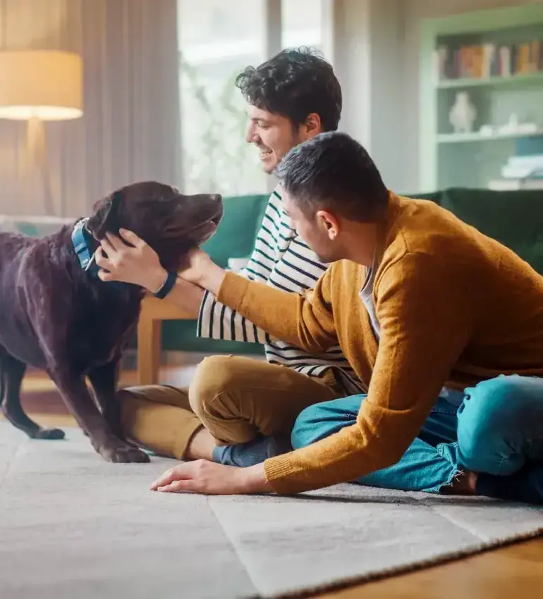 Two men play with a friendly black dog on the floor of a new home.