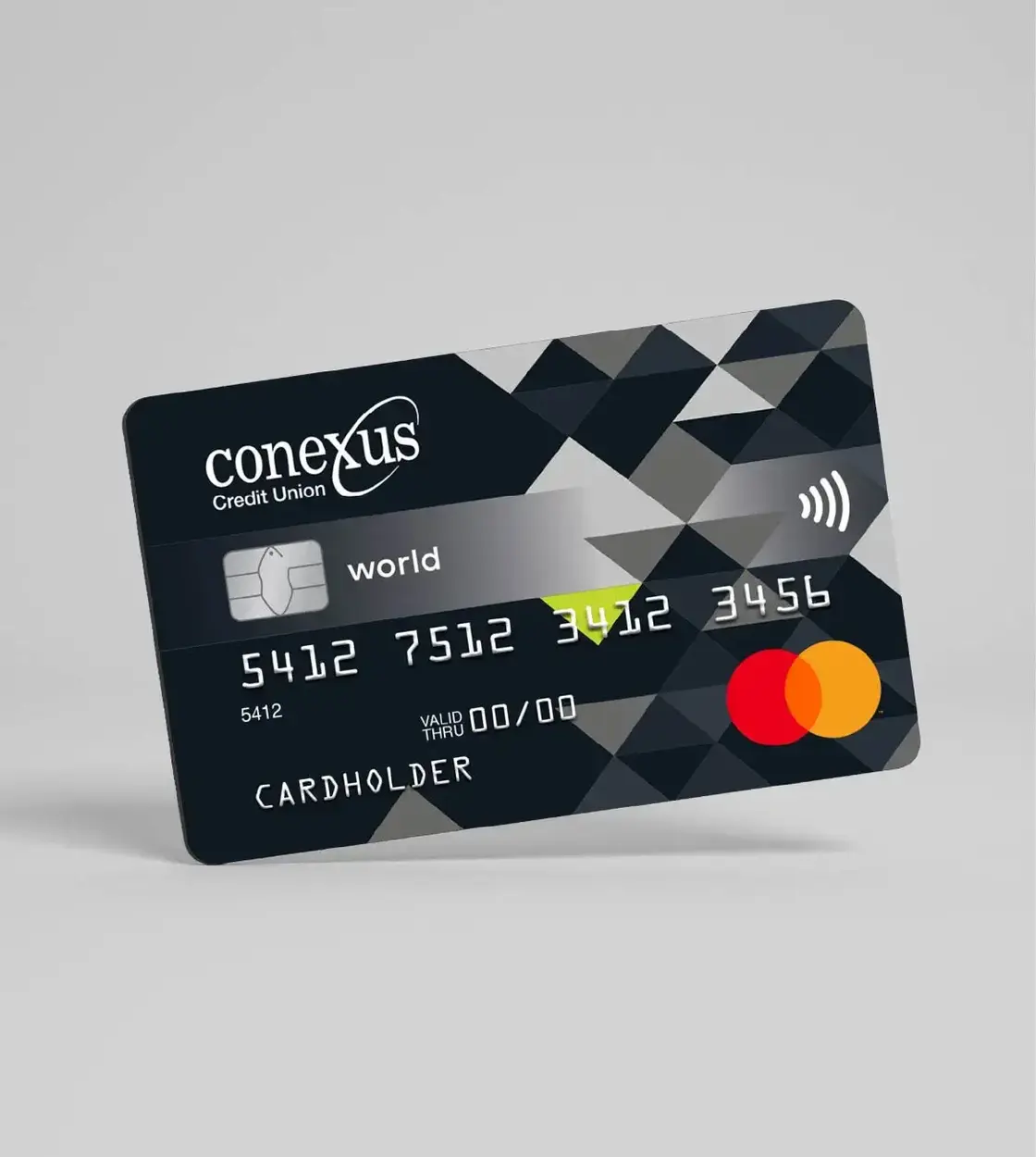A black and silver Conexus Credit Union personal credit card in a grey background.