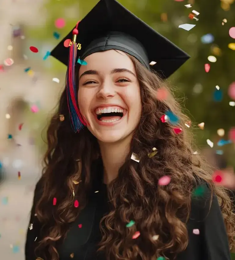 A young woman in a graduation cap and gown smiles while confetti falls around her.