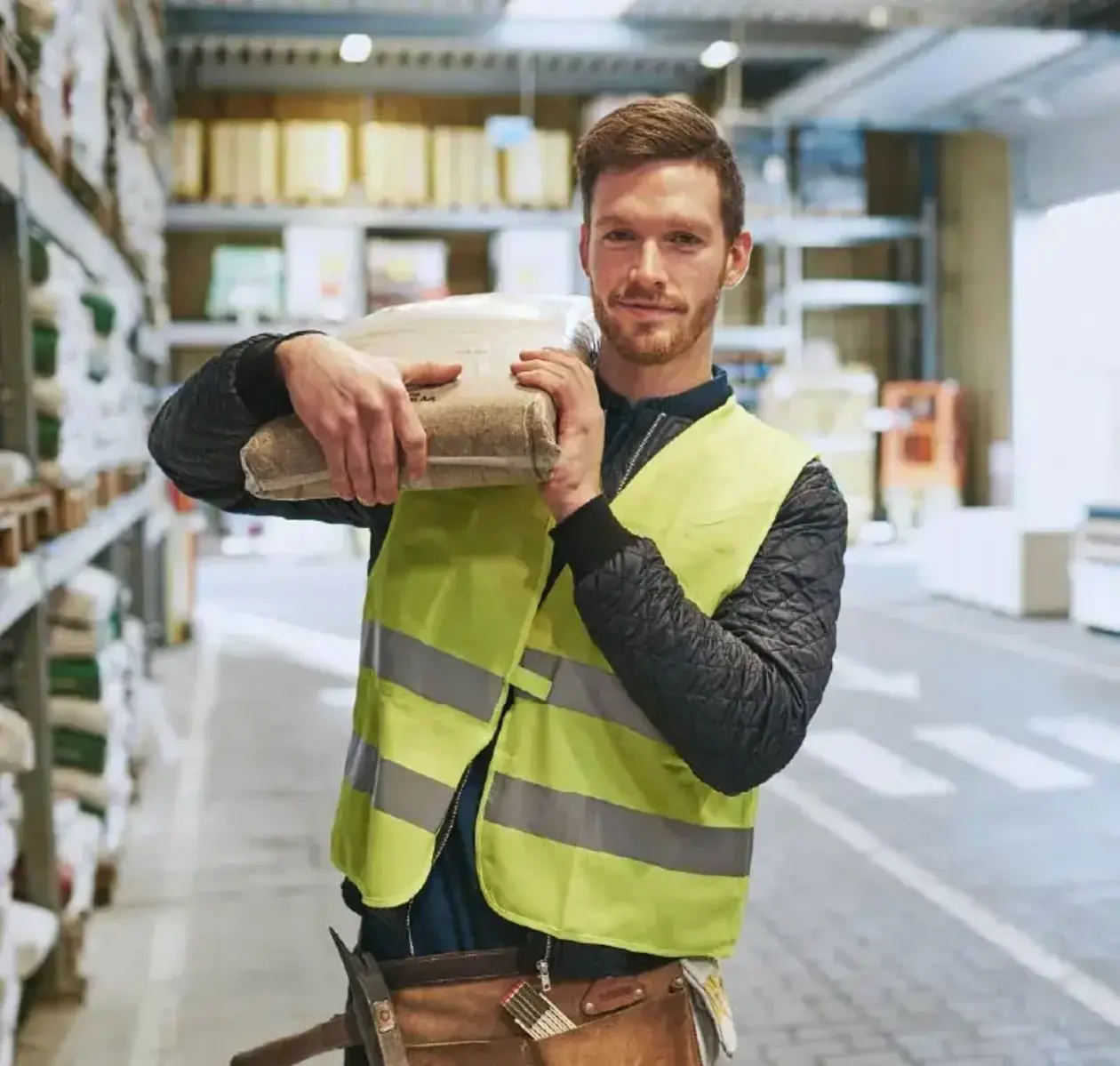 A man wearing a yellow safety vest and tool belt slings a bag of material over his shoulder.