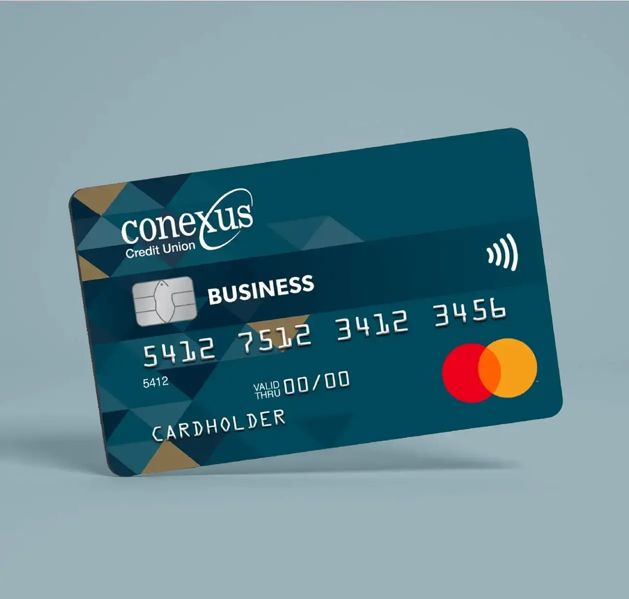 A Conexus Business credit card in a teal background.