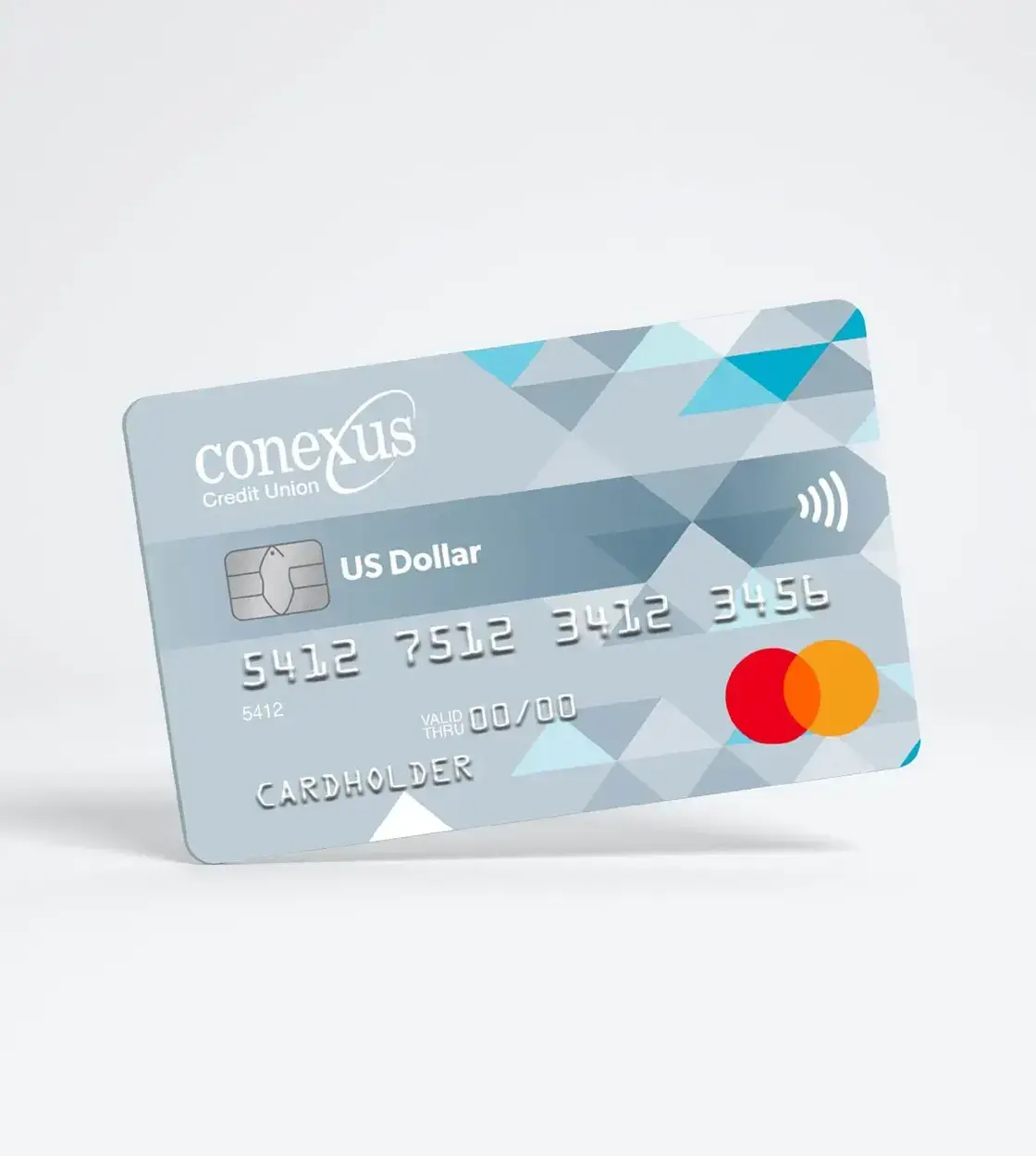 A silver Conexus Credit Union personal credit card in a white background.