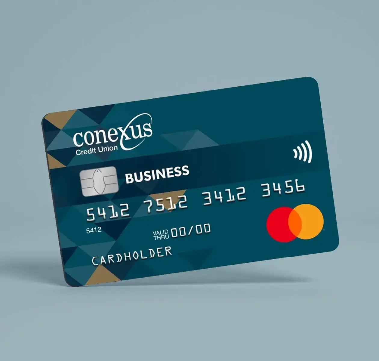 A Conexus Business credit card in a teal background.