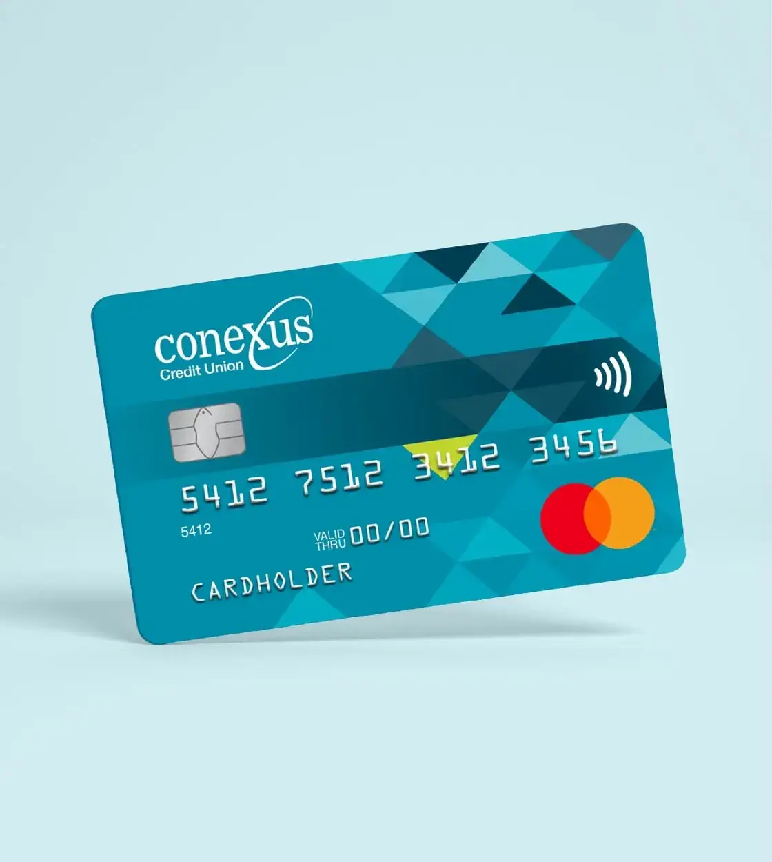 A blue Conexus Credit Union personal credit card in a white background.