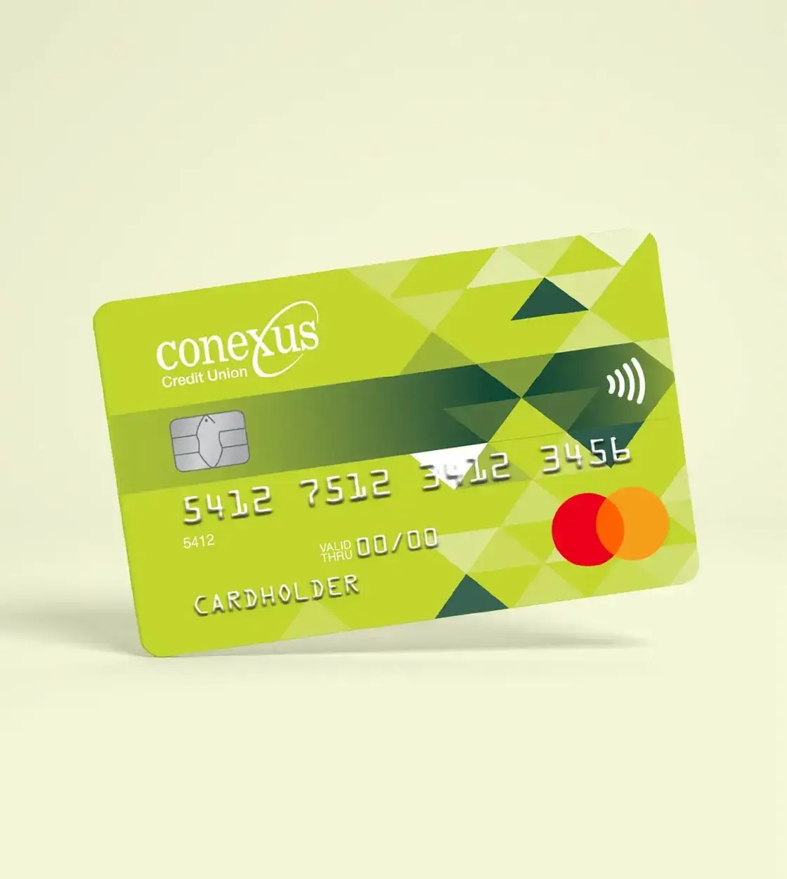 A green Conexus Credit Union personal credit card in a light beige background.